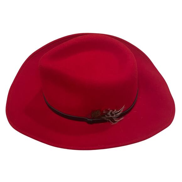 Red 100% Wool USA Fedora Hat L | Feather Holiday Western Revival Nashville - Picture 2 of 11